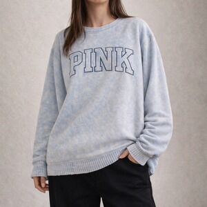 PINK Women's Light Blue Crewneck Sweatshirt Oversized Pullover Distressed Size L